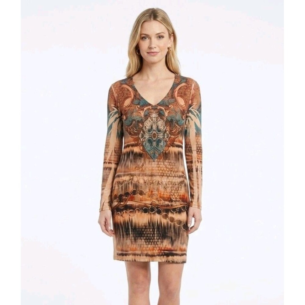 Cover Charge Dress Small Brown Paisley Peasant Studs V-Neck Long Slv Boho Short